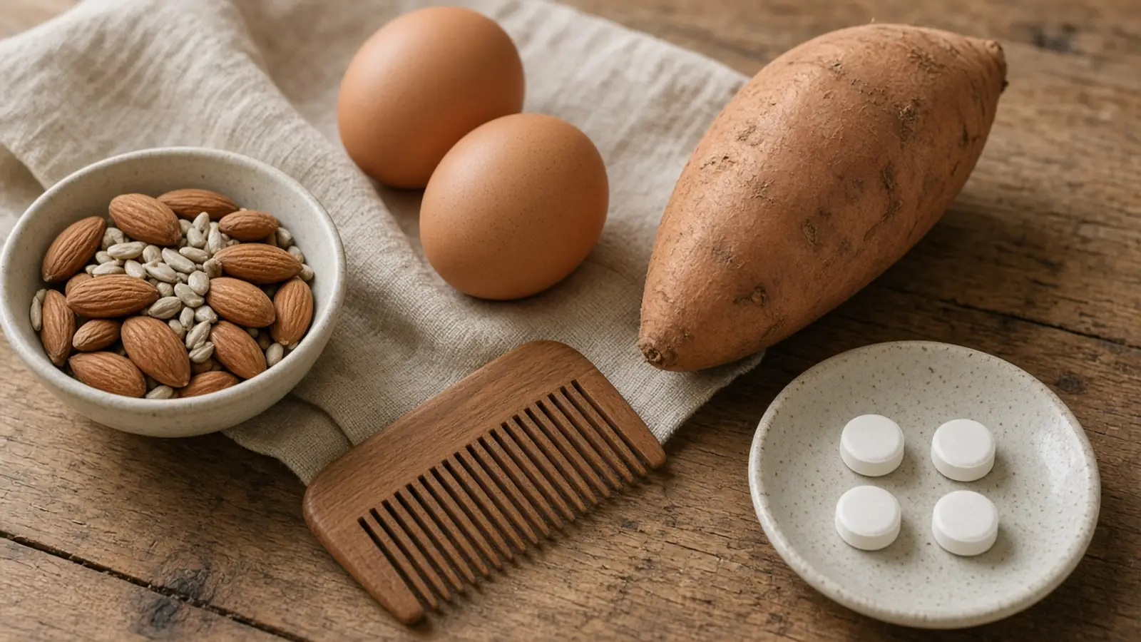 Eggs, almonds, a sweet potato, a wooden comb and small white tablets