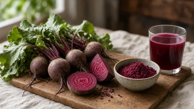 Fresh beets with greens, a sliced beet, beet powder and a glass of beet juice