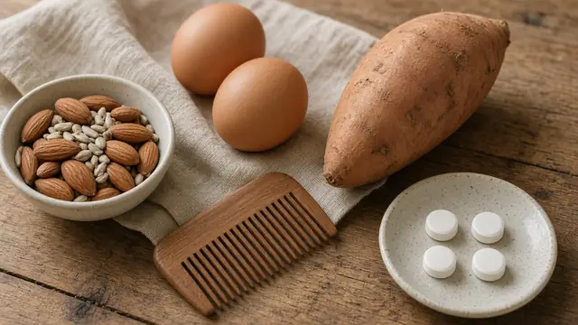Eggs, almonds, a sweet potato, a wooden comb and small white tablets