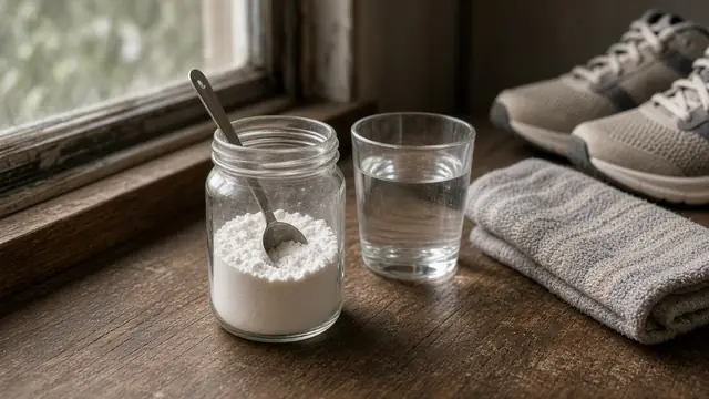 A glass jar of white creatine powder with a scoop, a glass of water and running shoes