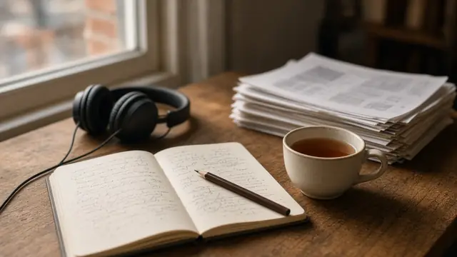 A desk with headphones, an open notebook, a cup of tea and a stack of papers