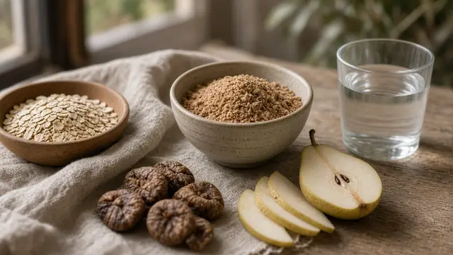 A bowl of psyllium husk, oats, dried figs, sliced pear and a glass of water