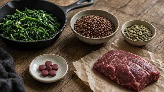 Sauteed spinach in a cast iron pan, lentils, pumpkin seeds, steak and dark red tablets