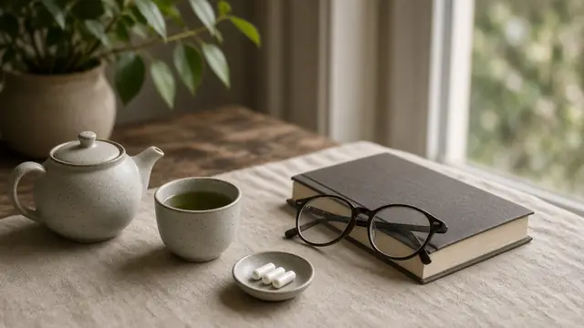 A teapot and cup of green tea, a few capsules, a book and reading glasses by a window