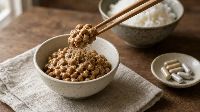 Natto fermented soybeans lifted with chopsticks beside rice and a few capsules
