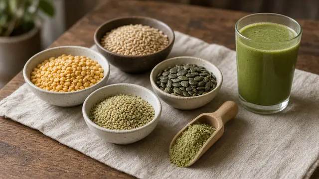 Bowls of split peas, rice, hemp and pumpkin seeds with a scoop of plant protein powder