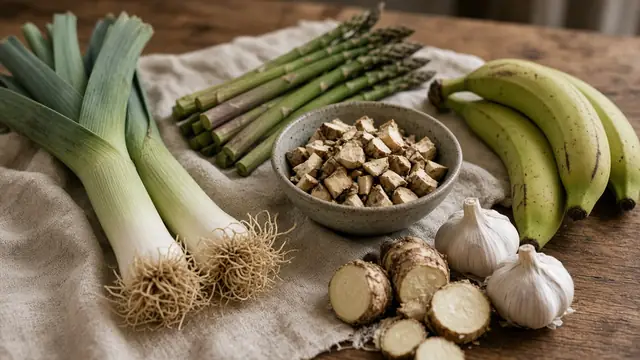 Leeks, asparagus, garlic, green bananas, sunchokes and chicory root on linen