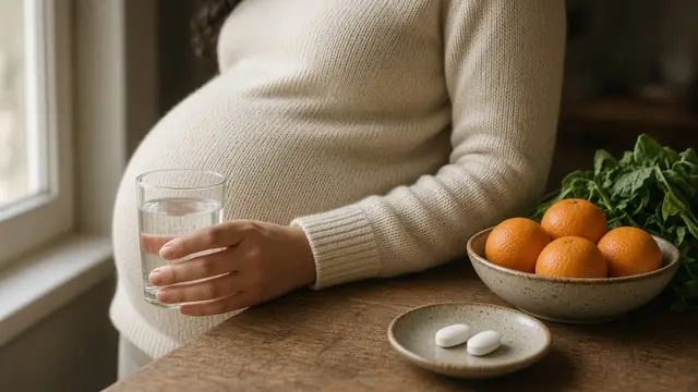 A pregnant woman holding a glass of water beside oranges, greens and two tablets