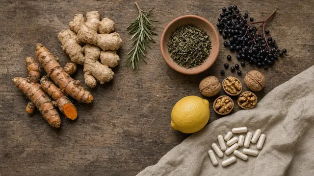 Turmeric, ginger, rosemary, elderberries, green tea, walnuts and lemon on a wooden table