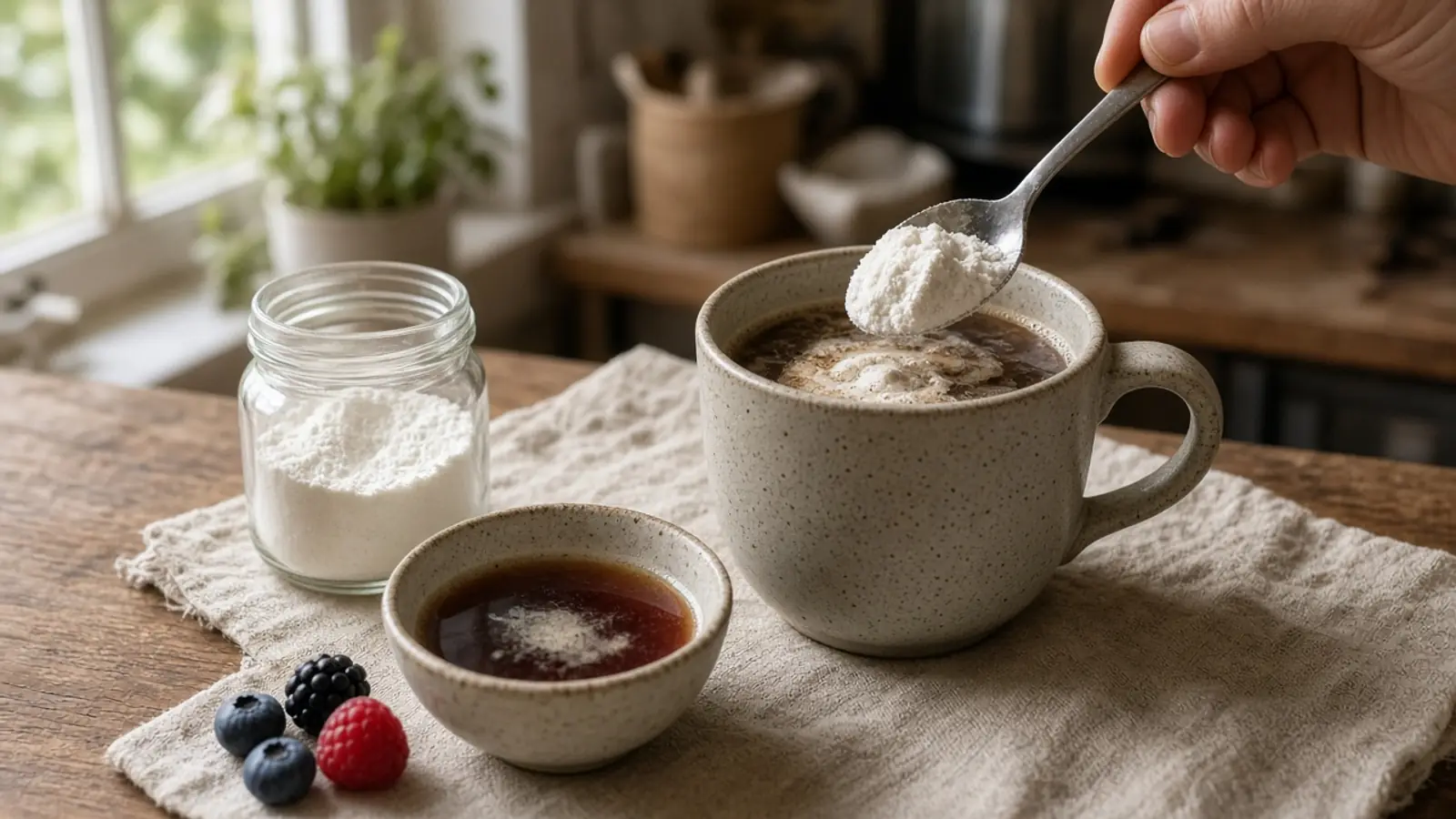 Collagen powder being stirred into a mug of coffee beside a jar of powder and berries