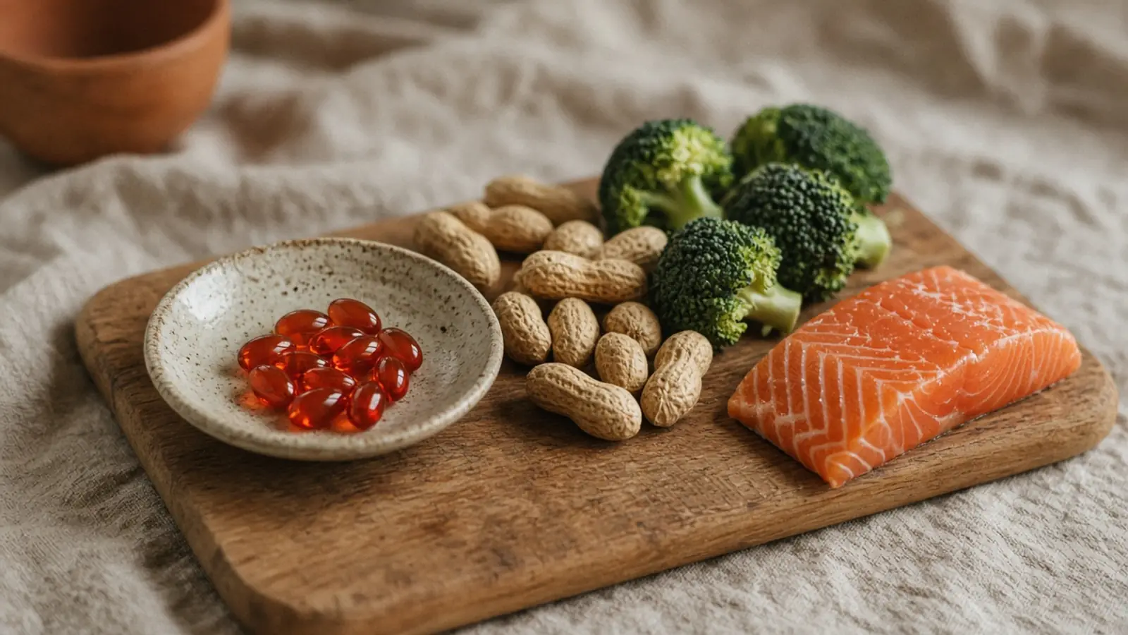 Red-orange softgels beside peanuts, broccoli and salmon on a wooden board