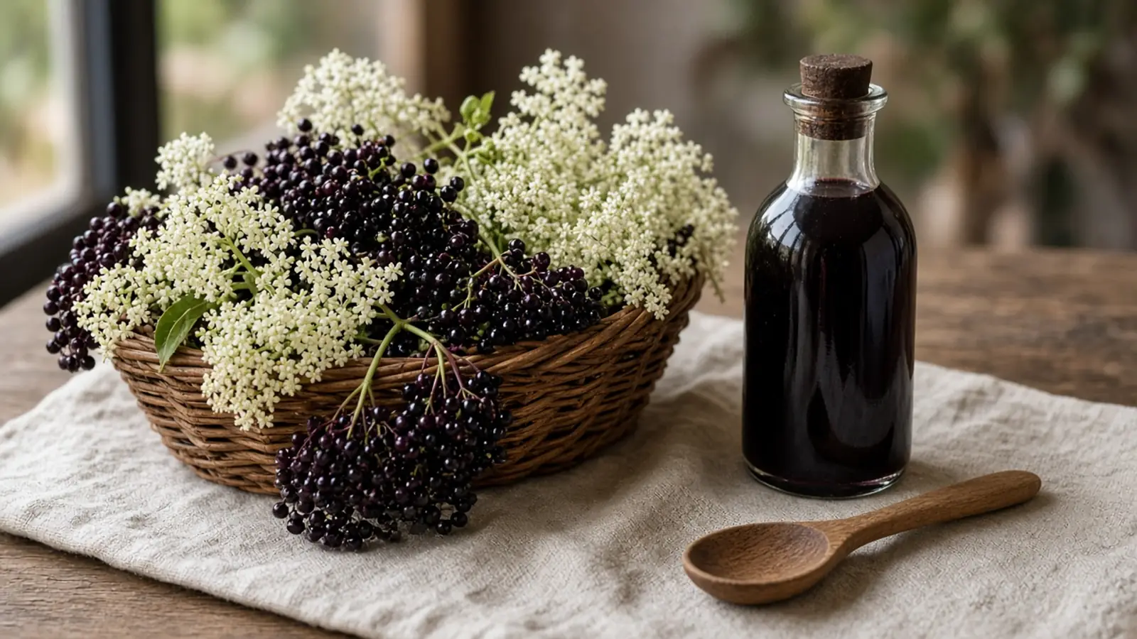 Fresh elderberries and elderflowers in a basket beside a bottle of dark syrup
