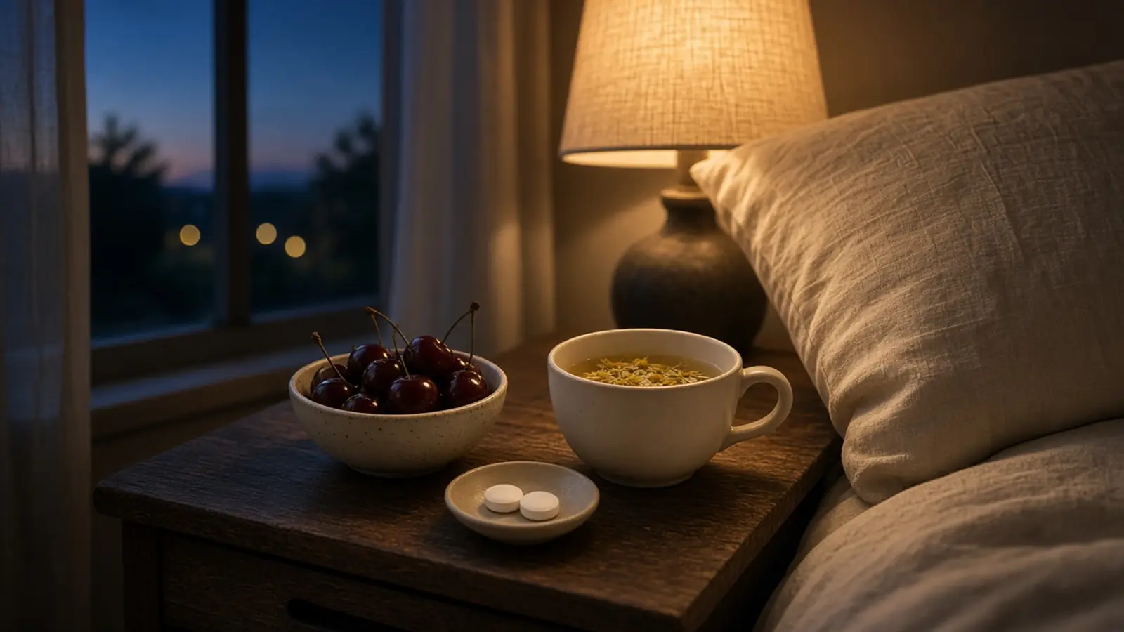 A bedside table at dusk with tart cherries, chamomile tea and two small tablets