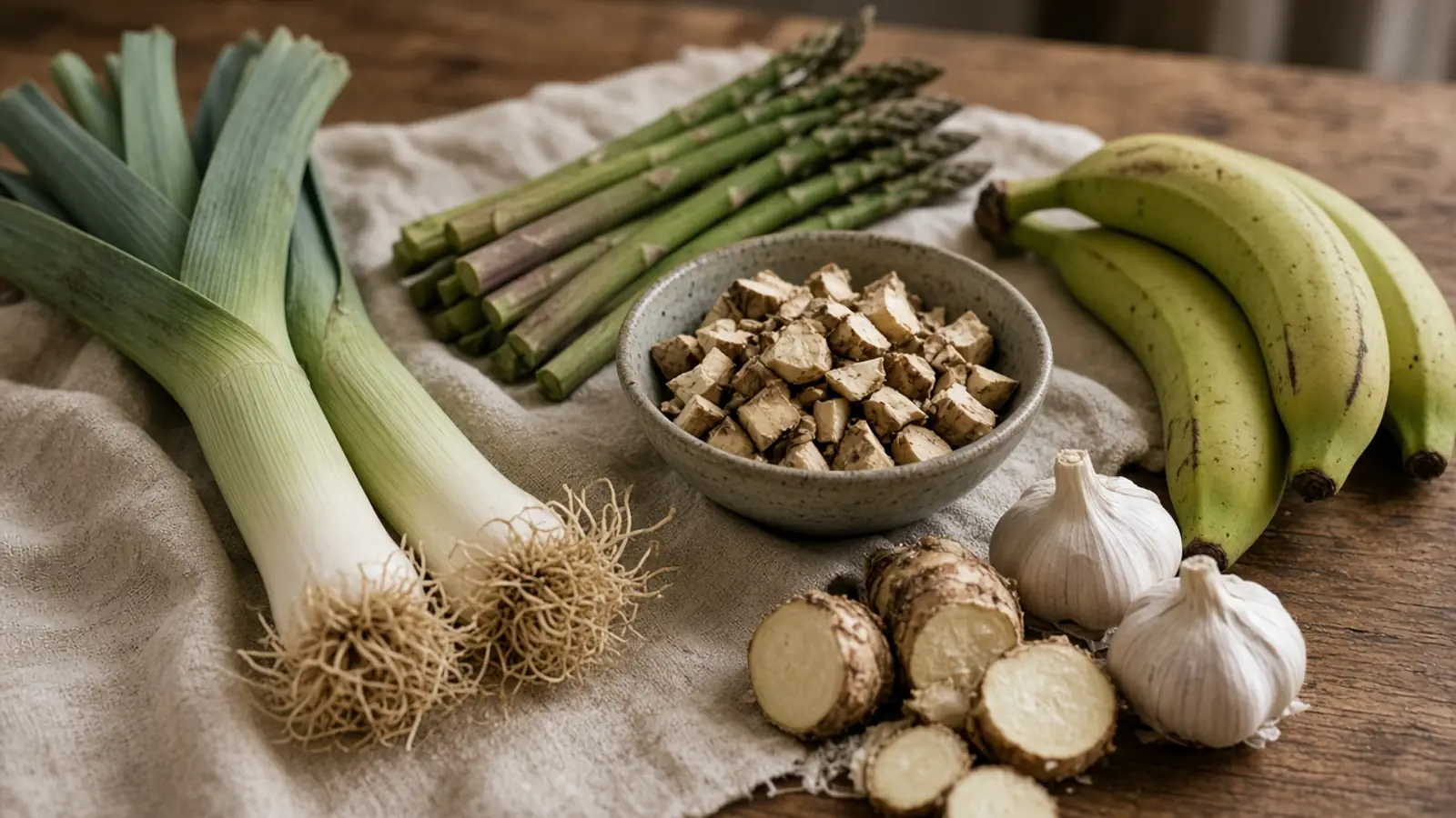 Leeks, asparagus, garlic, green bananas, sunchokes and chicory root on linen