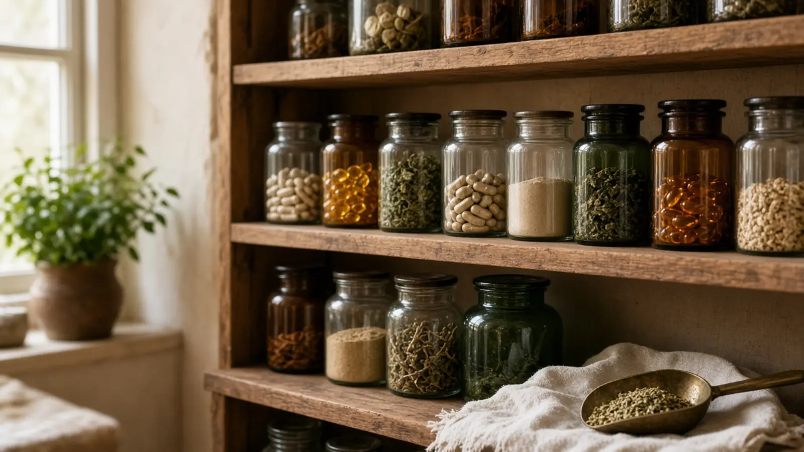 Rows of glass jars with capsules, softgels, herbs and powders on a wooden shelf