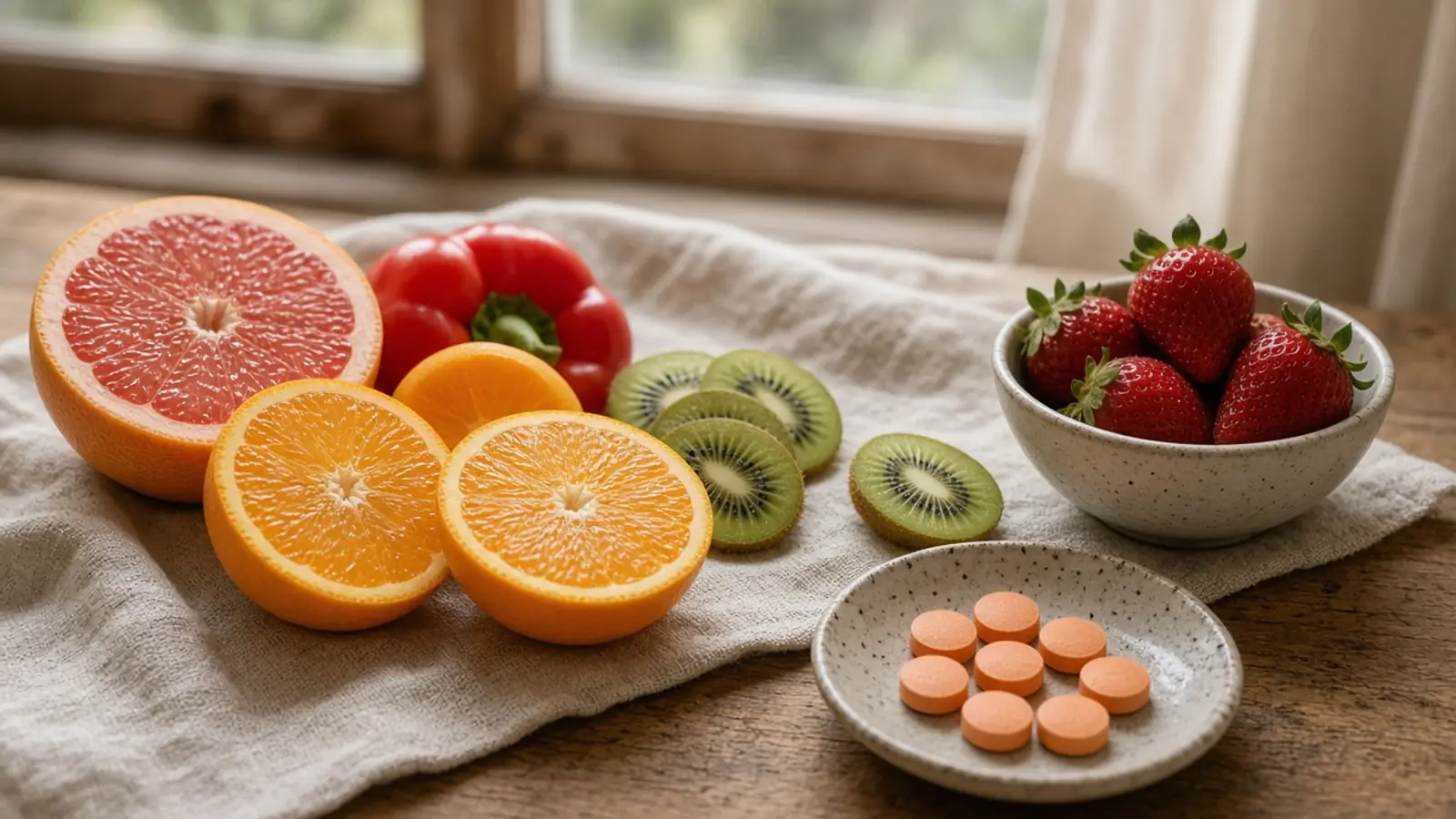 Halved oranges, grapefruit, kiwi, red pepper, strawberries and orange tablets